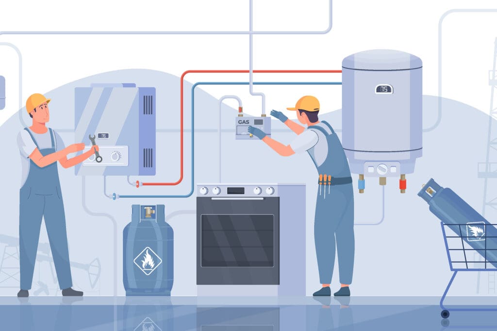 vector illustrations of electricians installing a gas system