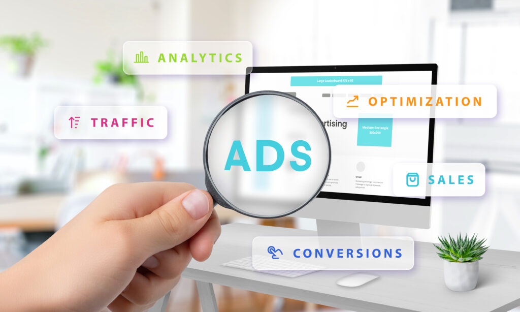 Your google ads should know which leads actually turn into jobs 1 Magnifying glass highlighting ads computer screen with floating icons analytics traffic optimization sales conversions symbolizing digital marketing